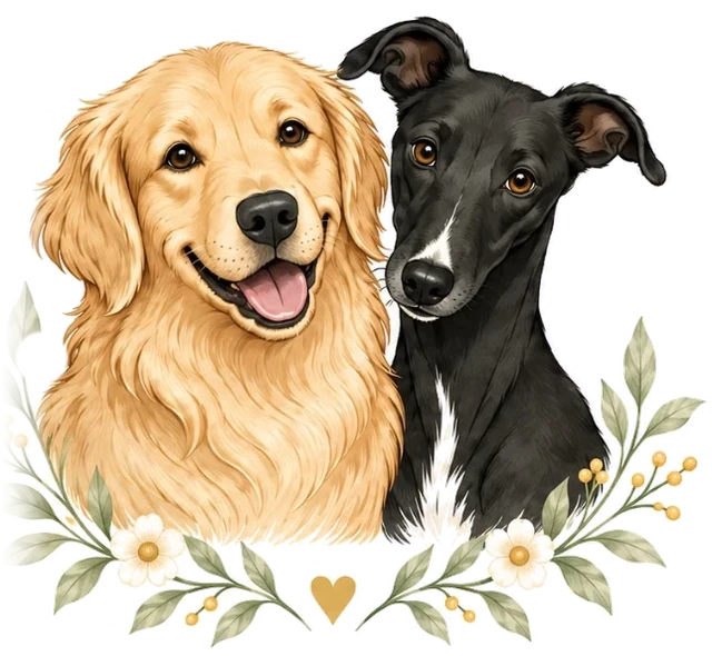 Watercolour of a smiling golden retriever and a black greyhound side by side, framed with sage leaves and cream flowers